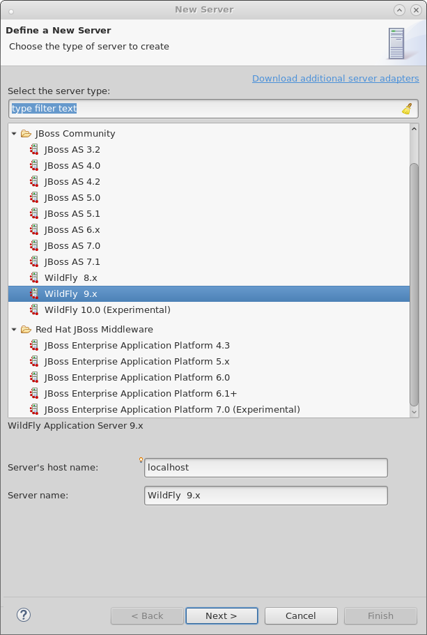 Screenshot showing the various server types supported